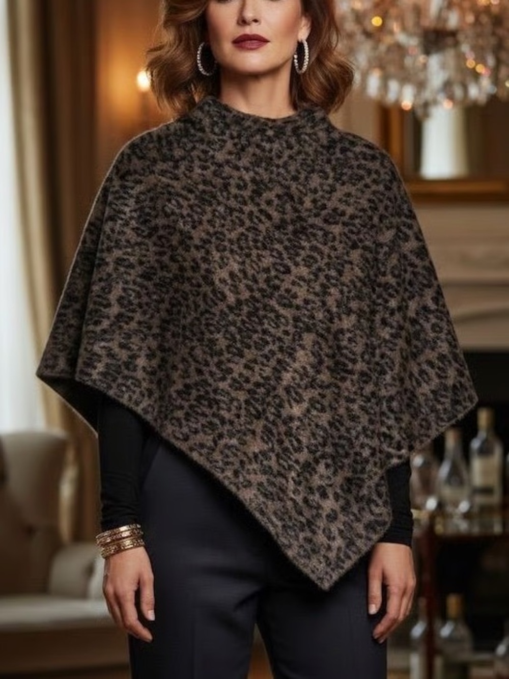 New Chicos feather knit jacquard poncho animal Print Knit in Brown/Black